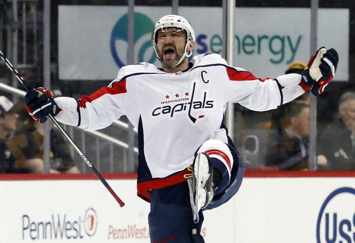 Mar 25, 2023; Pittsburgh, Pennsylvania, USA;  Washington Capitals left wing Alex Ovechkin (8) reacts after scoring a goal against the Pittsburgh Penguins during the third period at PPG Paints Arena. Pittsburgh won 4-3. Mandatory Credit: Charles LeClaire-Imagn Images