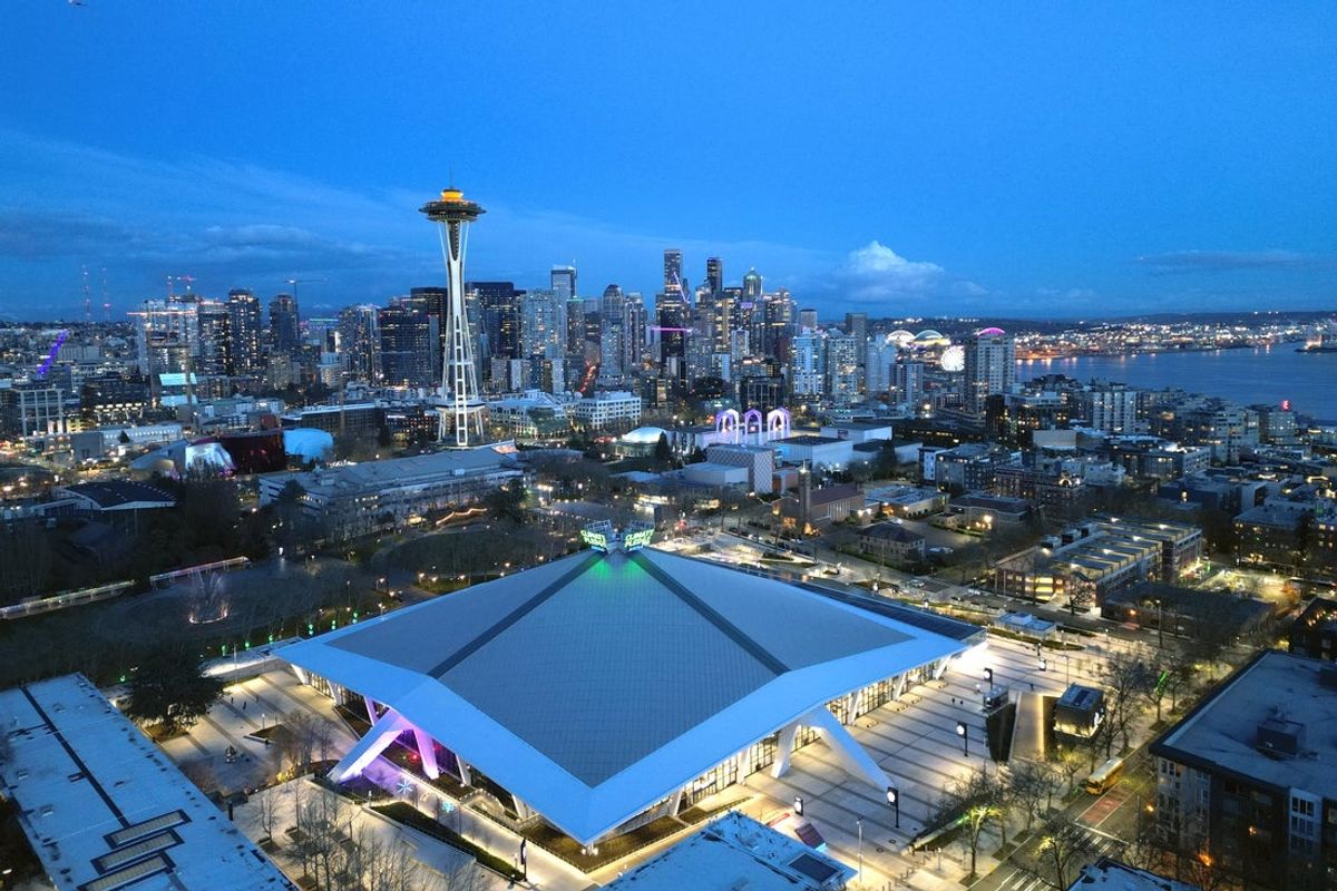 Mar 25, 2023; Seattle, WA, USA; A general overall aerial view of the Climate Pledge Arena at Seattle Center, Space Needle and downtown skyline. Mandatory Credit: Kirby Lee-Imagn Images
