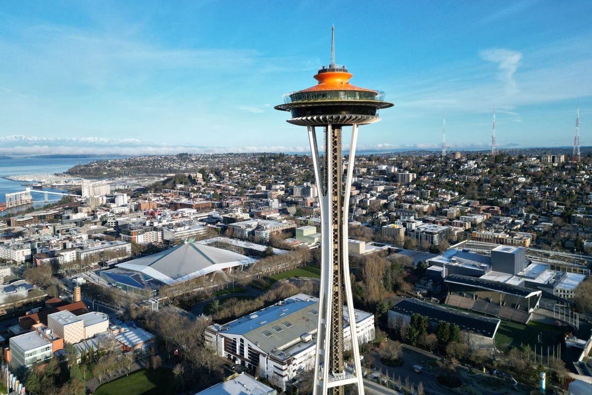 Mar 27, 2023; Seattle, WA, USA; A general overall view of the Space Needle and Climate Pledge Arena at Seattle Center. Mandatory Credit: Kirby Lee-Imagn Images