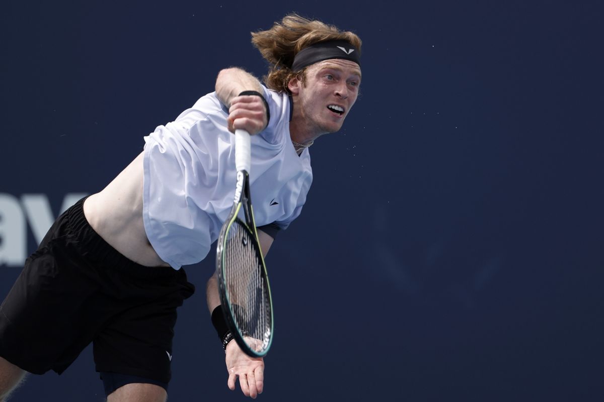 Mar 28, 2023; Miami, Florida, US; Andrey Rublev serves against Jannik Sinner (ITA) (not pictured) on day nine of the Miami Open at Hard Rock Stadium. Mandatory Credit: Geoff Burke-Imagn Images