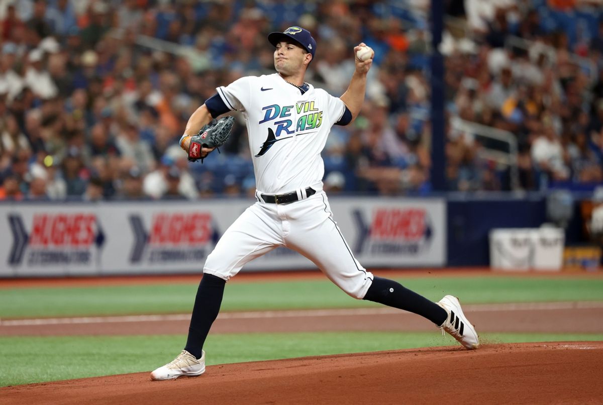 Mar 30, 2023; St. Petersburg, Florida, USA; Tampa Bay Rays starting pitcher Shane McClanahan (18) throws a pitch during the first inning against the Detroit Tigers at Tropicana Field. Mandatory Credit: Kim Klement-Imagn Images