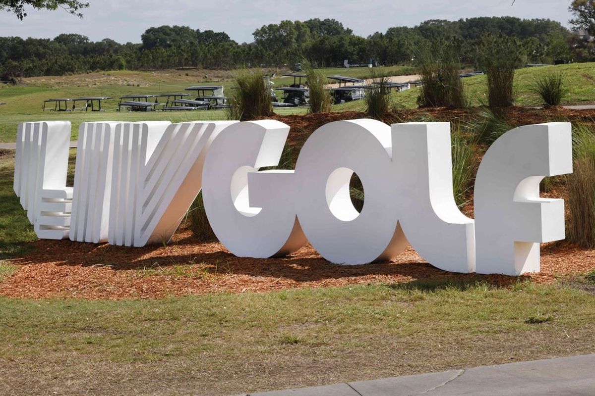 Mar 31, 2023; Orlando, Florida, USA; The LIV logo on display at the entrance before the first round of a LIV Golf event at Orange County National. Mandatory Credit: Reinhold Matay-Imagn Images
