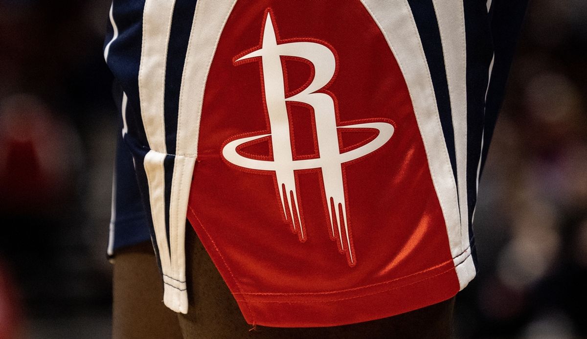 Mar 31, 2023; Houston, Texas, USA;  A detail of the Houston Rockets logo on the side of Houston Rockets forward Tari Eason (17) shorts as he plays against the Detroit Pistons in the second quarter at Toyota Center. Mandatory Credit: Thomas Shea-Imagn Images