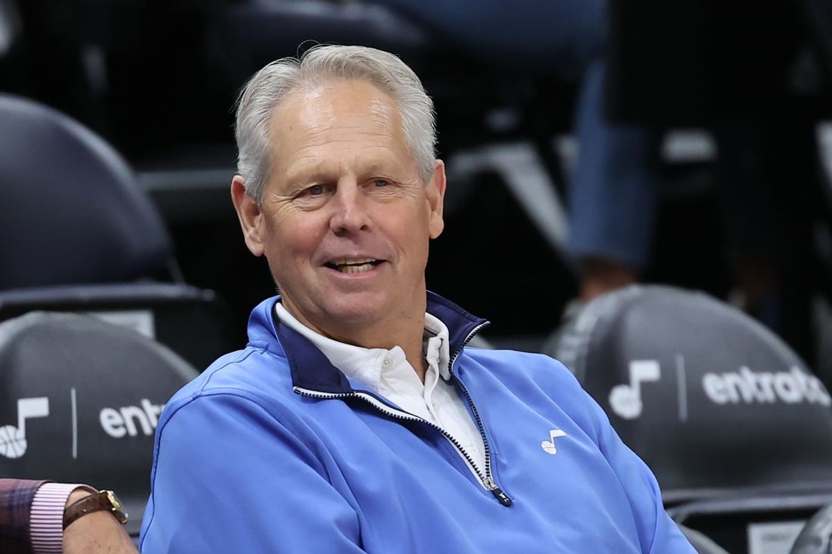 Apr 4, 2023; Salt Lake City, Utah, USA; Utah Jazz CEO Danny Ainge watches warms ups before a game against the Los Angeles Lakers at Vivint Arena. Mandatory Credit: Rob Gray-Imagn Images