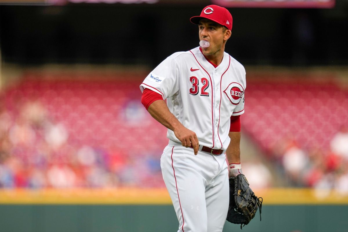 Cincinnati Reds third baseman Jason Vosler (32) looks in to the plate in the first inning of the MLB National League game between the Cincinnati Reds and the Chicago Cubs at Great American Ball Park in downtown Cincinnati on Tuesday, April 4, 2023. The Reds led the Cubs after six innings.

Chicago Cubs At Cincinnati Reds