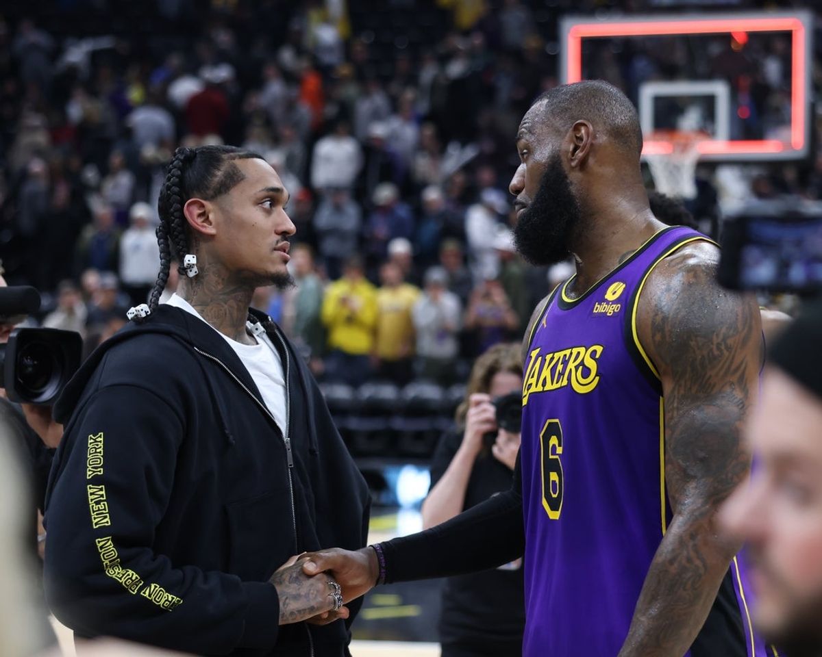 Apr 4, 2023; Salt Lake City, Utah, USA; Utah Jazz guard Jordan Clarkson (left) and Los Angeles Lakers forward LeBron James (6) shake hands after their game at Vivint Arena. Mandatory Credit: Rob Gray-Imagn Images