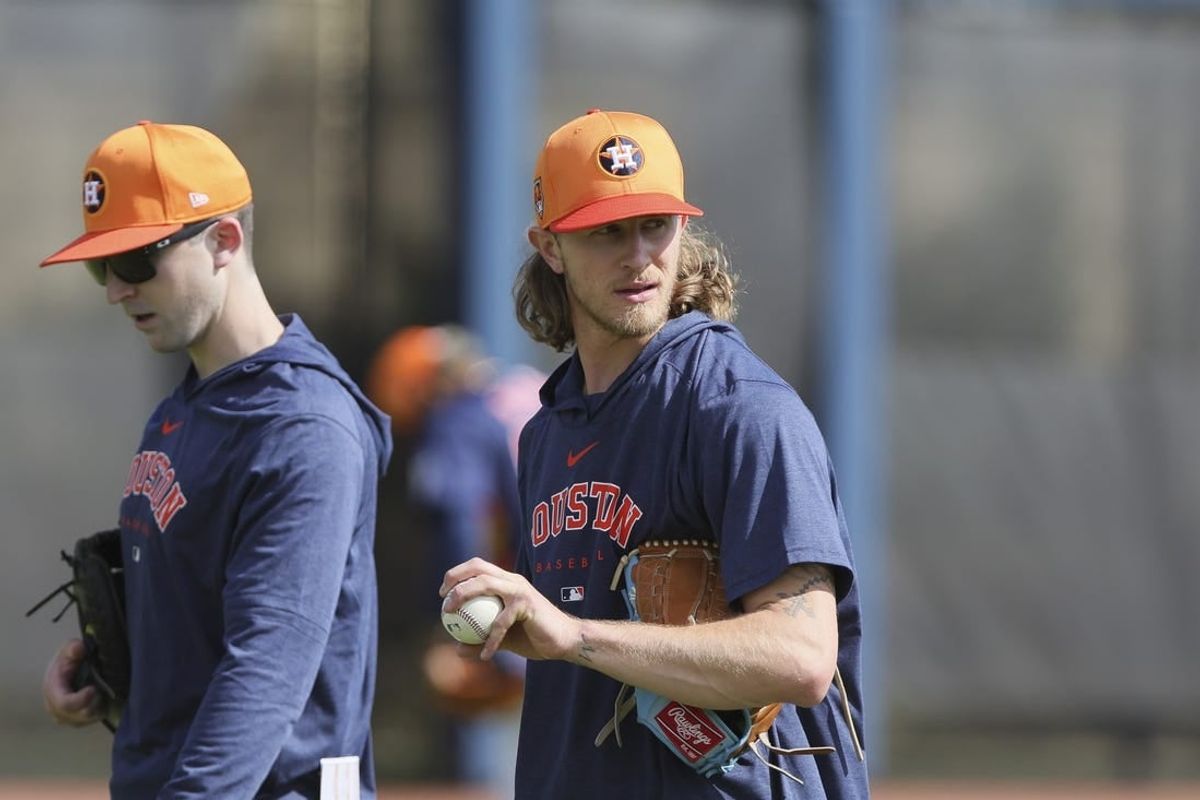 Feb 14, 2024; West Palm Beach, FL, USA; Houston Astros relief pitcher Josh Hader (71) looks on during spring training practice at CACTI Park of the Palm Beaches.