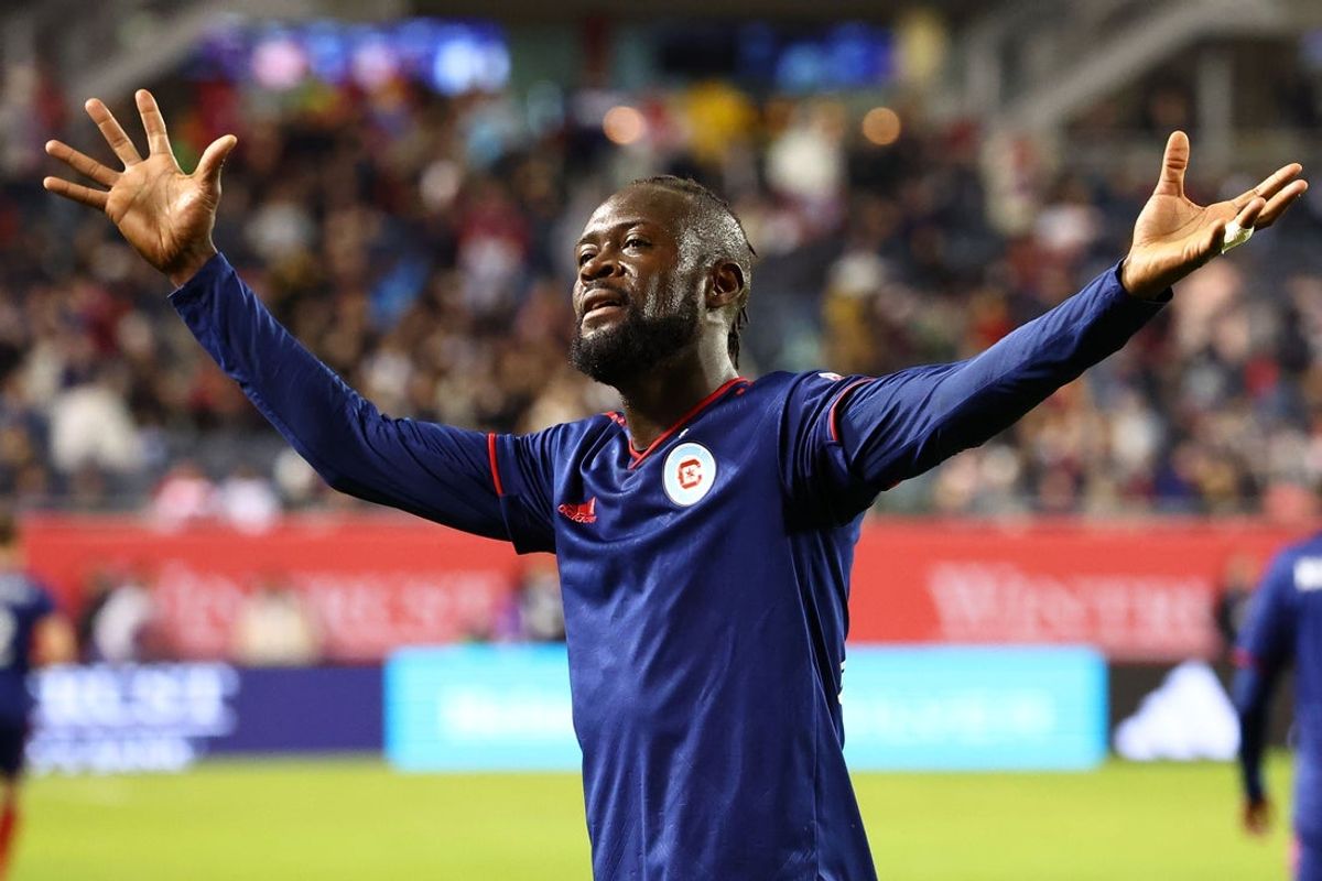 Apr 8, 2023; Chicago, Illinois, USA; Chicago Fire forward Kei Kamara (23) reacts after scoring his second goal against Minnesota United during the first half at Soldier Field. Mandatory Credit: Mike Dinovo-Imagn Images