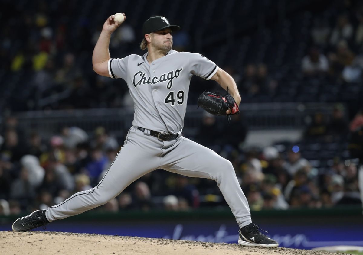 Apr 8, 2023; Pittsburgh, Pennsylvania, USA;  Chicago White Sox relief pitcher Kendall Graveman (49) pitches against the Pittsburgh Pirates during the eighth inning at PNC Park. Mandatory Credit: Charles LeClaire-Imagn Images