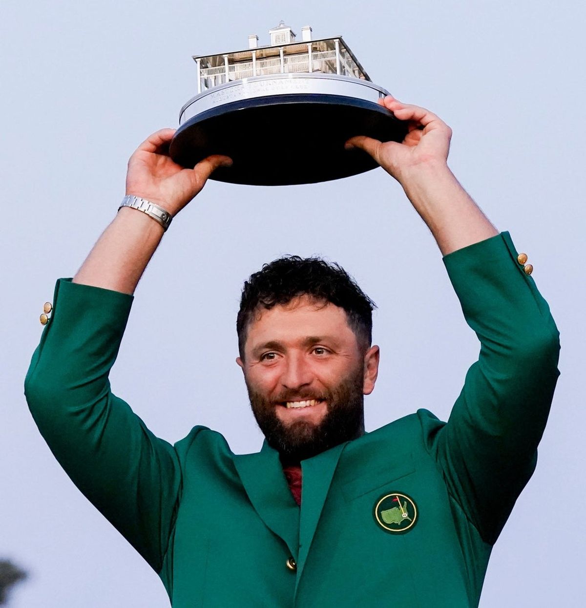 Apr 9, 2023; Augusta, Georgia, USA; Jon Rahm hoists the Masters trophy above his head during the green jacket ceremony at The Masters golf tournament. Mandatory Credit: Danielle Parhizkaran-USA TODAY Network

Pga Masters Tournament Final Round