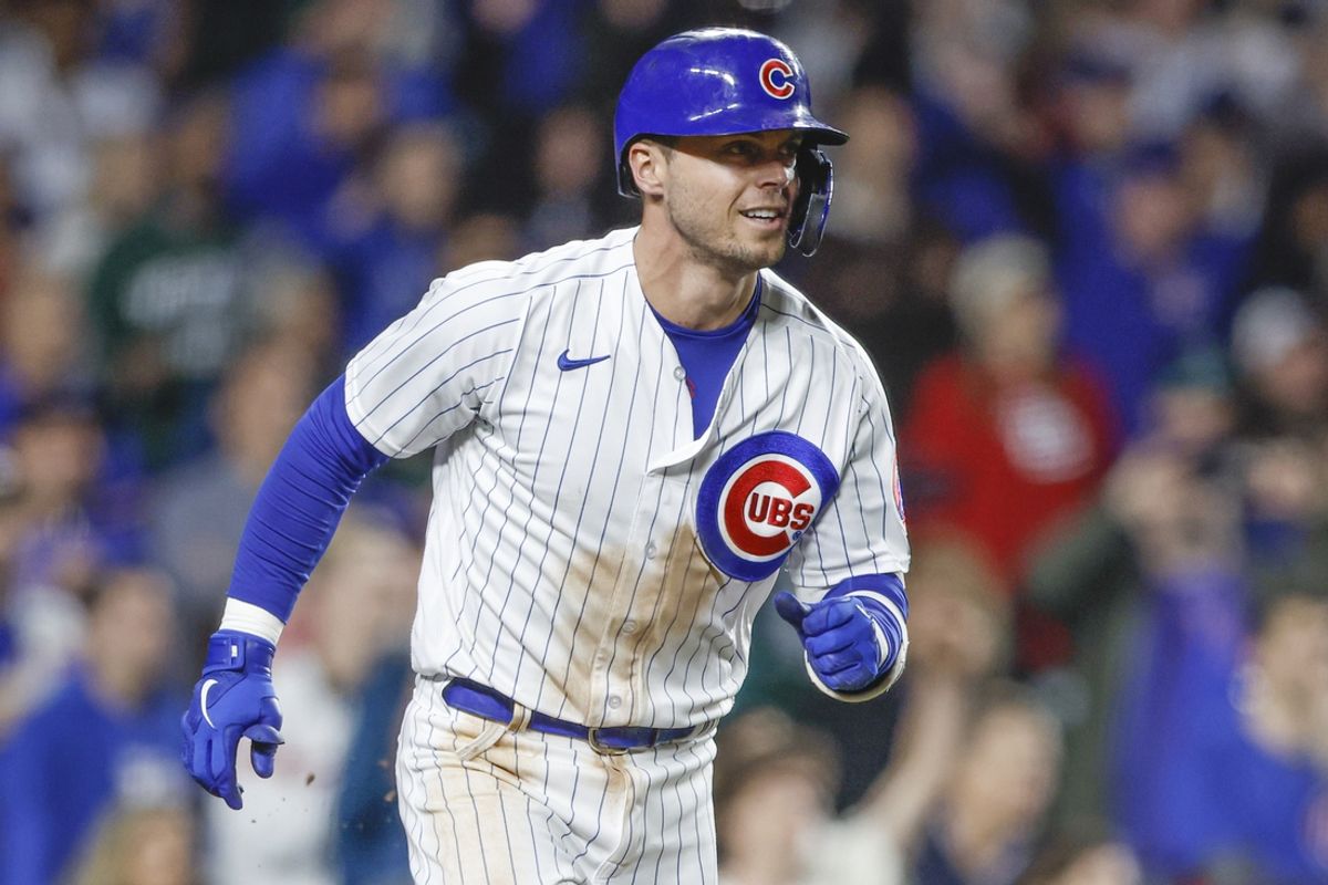 Apr 10, 2023; Chicago, Illinois, USA; Chicago Cubs second baseman Nico Hoerner (2) smiles after hitting game winning single against the Seattle Mariners during the 10th inning at Wrigley Field. Mandatory Credit: Kamil Krzaczynski-Imagn Images
