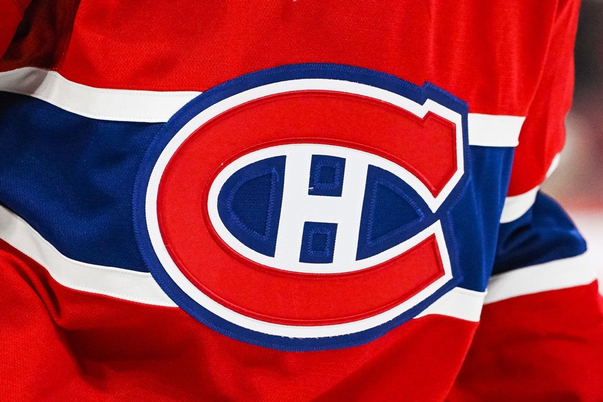 Apr 4, 2023; Montreal, Quebec, CAN; View of a Montreal Canadiens logo on a jersey worn by a member of the team against the Detroit Red Wings during the third period at Bell Centre. Mandatory Credit: David Kirouac-Imagn Images