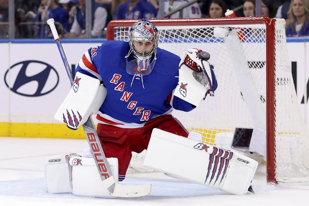 Apr 13, 2023; New York, New York, USA; New York Rangers goaltender Jaroslav Halak (41) makes a save against the Toronto Maple Leafs during the second period at Madison Square Garden. Mandatory Credit: Brad Penner-Imagn Images