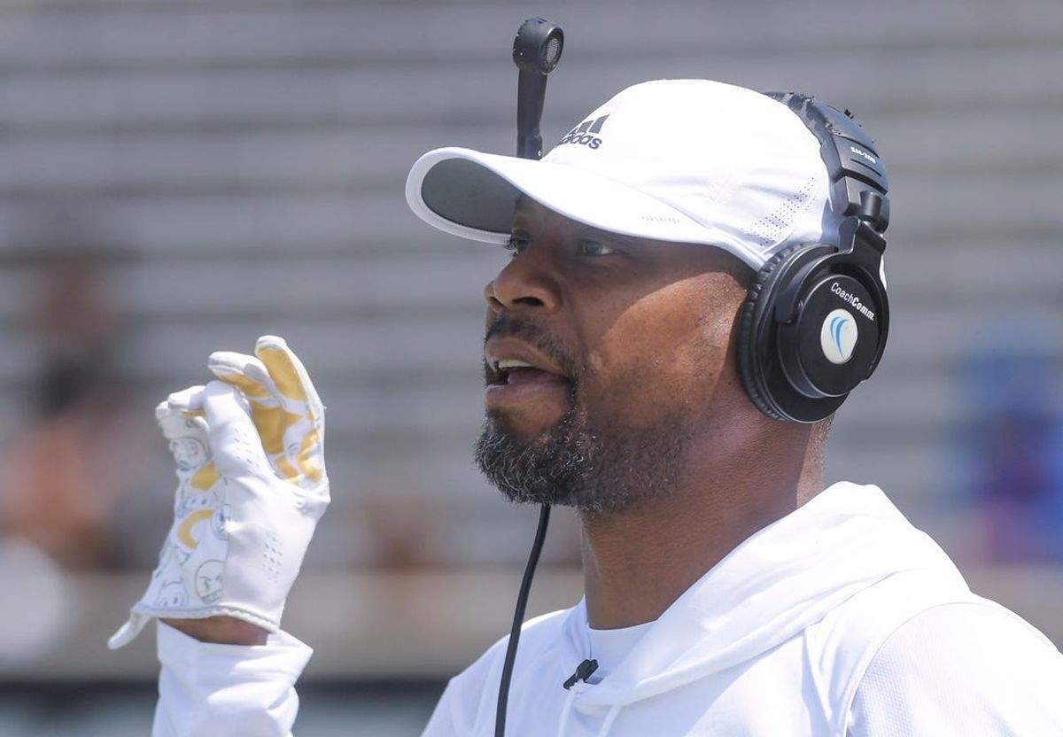 Alabama State assistant coach Jacoby Jones during ASU   s Black and Gold Spring Game at Hornet Stadium in Montgomery, Ala., on Saturday April 15, 2023.

Asu13