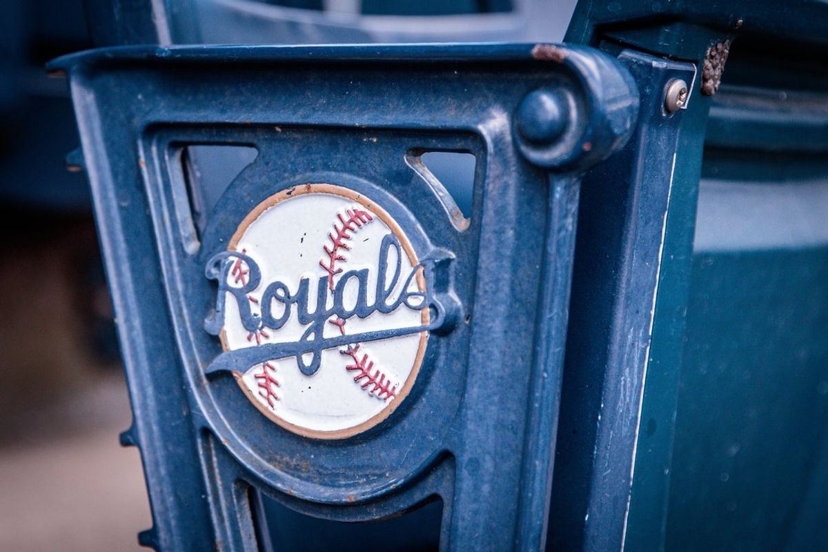 Apr 16, 2023; Kansas City, Missouri, USA; Logo on stadium seats prior to the game between the Kansas City Royals and the Atlanta Braves at Kauffman Stadium. Mandatory Credit: William Purnell-Imagn Images