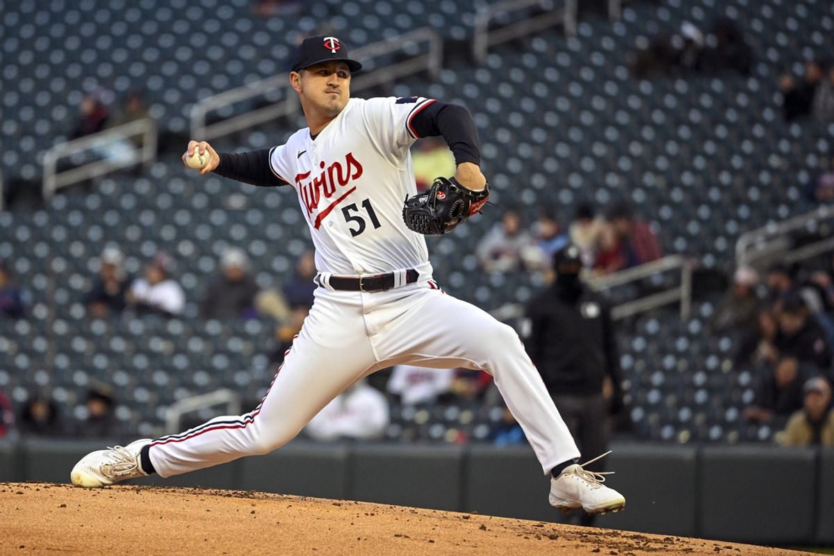 Apr 21, 2023; Minneapolis, Minnesota, USA; Minnesota Twins pitcher Tyler Mahle (51) delivers a pitch against the Washington Nationals at Target Field. Mandatory Credit: Nick Wosika-USA TODAY Sports