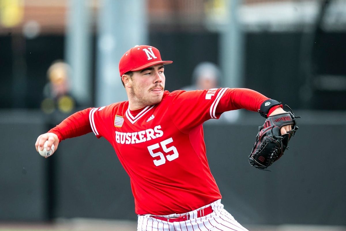 Nebraska's Jace Kaminska delivers a pitch during a NCAA Big Ten Conference baseball game against Iowa, Saturday, April 22, 2023, at Duane Banks Field in Iowa City, Iowa.

230422 Nebraska Iowa B 015 Jpg