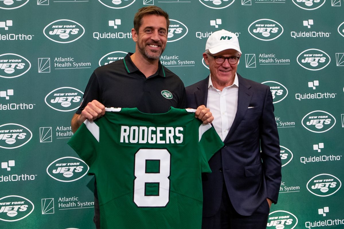 Apr 26, 2023; Florham Park, NJ, USA; New York Jets quarterback Aaron Rodgers (left) and owner Woody Johnson pose for a photo during the introductory press conference at Atlantic Health Jets Training Center. Mandatory Credit: Tom Horak-Imagn Images