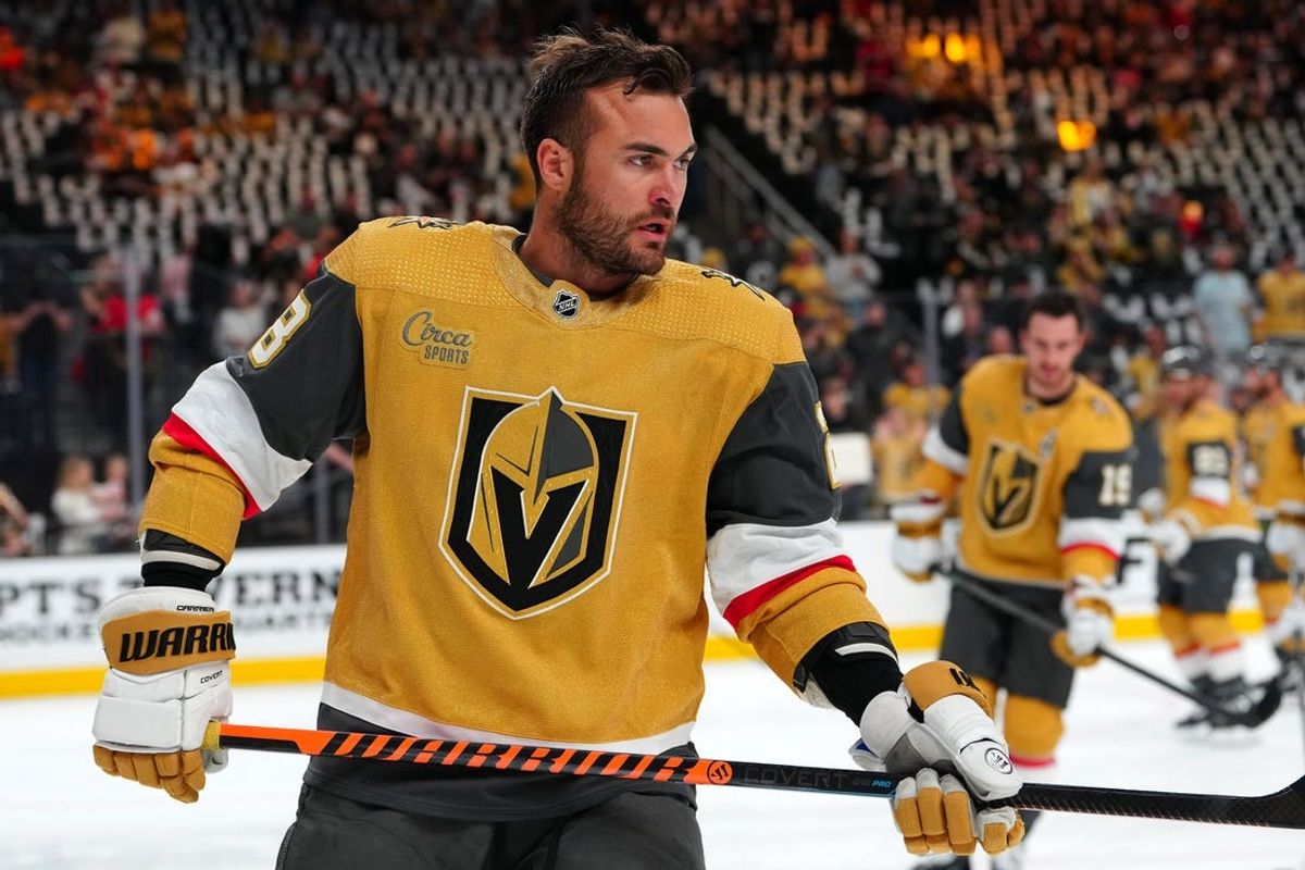 Apr 27, 2023; Las Vegas, Nevada, USA; Vegas Golden Knights left wing William Carrier (28) warms up before the start of game five of the first round of the 2023 Stanley Cup Playoffs against the Winnipeg Jets at T-Mobile Arena. Mandatory Credit: Stephen R. Sylvanie-USA TODAY Sports