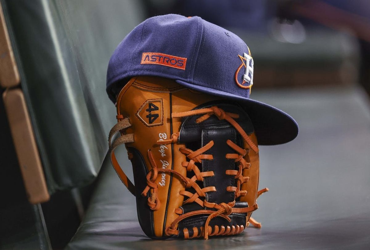May 1, 2023; Houston, Texas, USA; A view of the cap of Houston Astros relief pitcher Bryan Abreu (52) on the dugout bench before the game against the San Francisco Giants at Minute Maid Park. Mandatory Credit: Troy Taormina-USA TODAY Sports