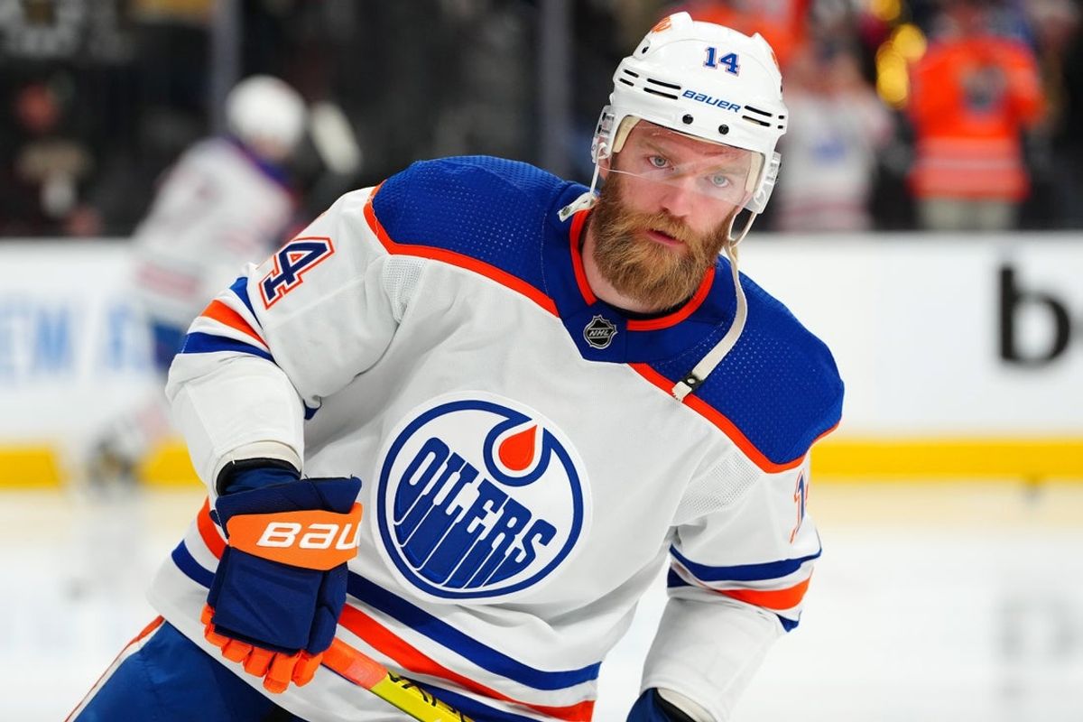 May 3, 2023; Las Vegas, Nevada, USA; Edmonton Oilers defenseman Mattias Ekholm (14) warms up before the start of game one of the second round of the 2023 Stanley Cup Playoffs against the Vegas Golden Knights at T-Mobile Arena. Mandatory Credit: Stephen R. Sylvanie-Imagn Images