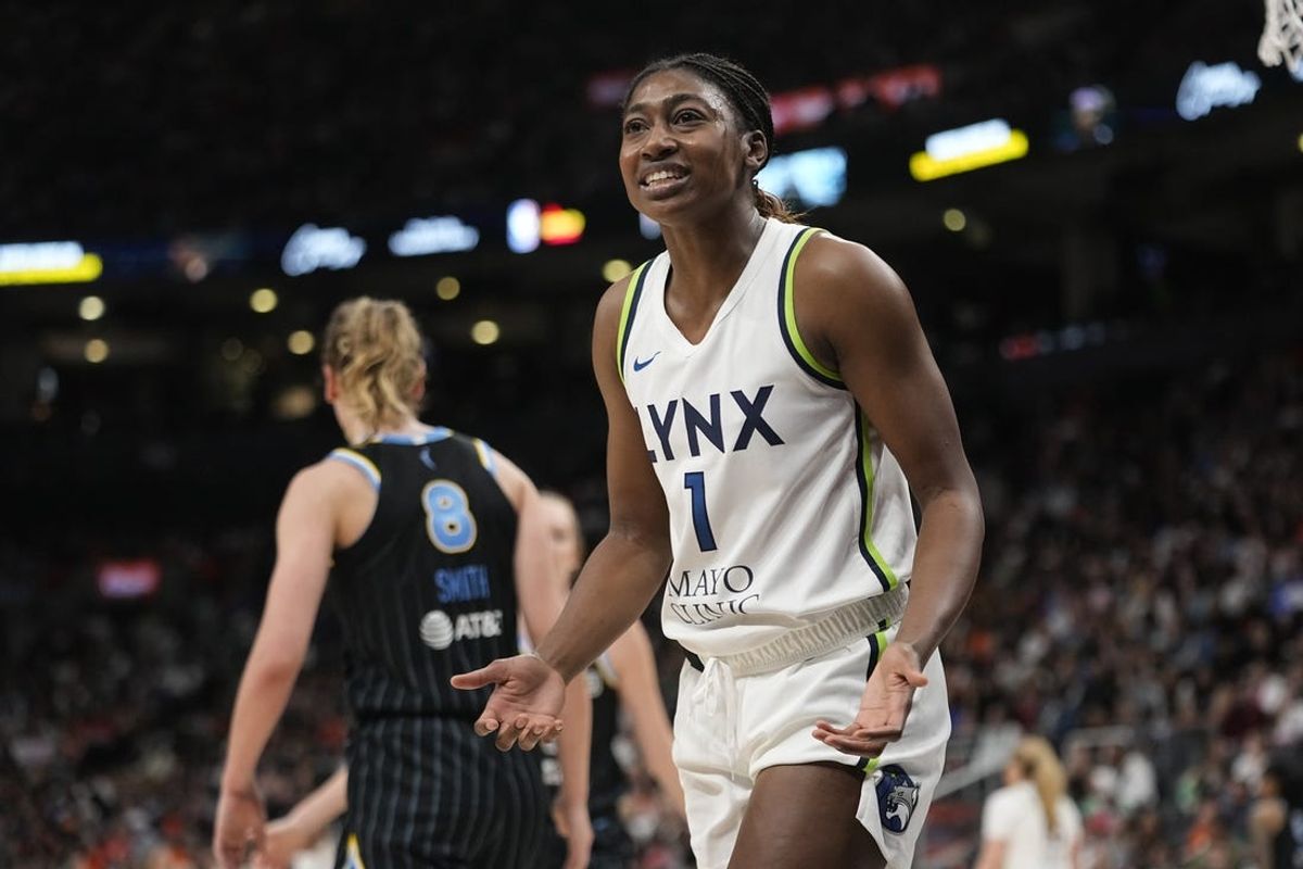 May 13, 2023; Toronto, Ontario, Canada; Minnesota Lynx forward Diamond Miller (1) complains to the official about a call against Chicago Sky during the second half at Scotiabank Arena. Mandatory Credit: John E. Sokolowski-USA TODAY Sports