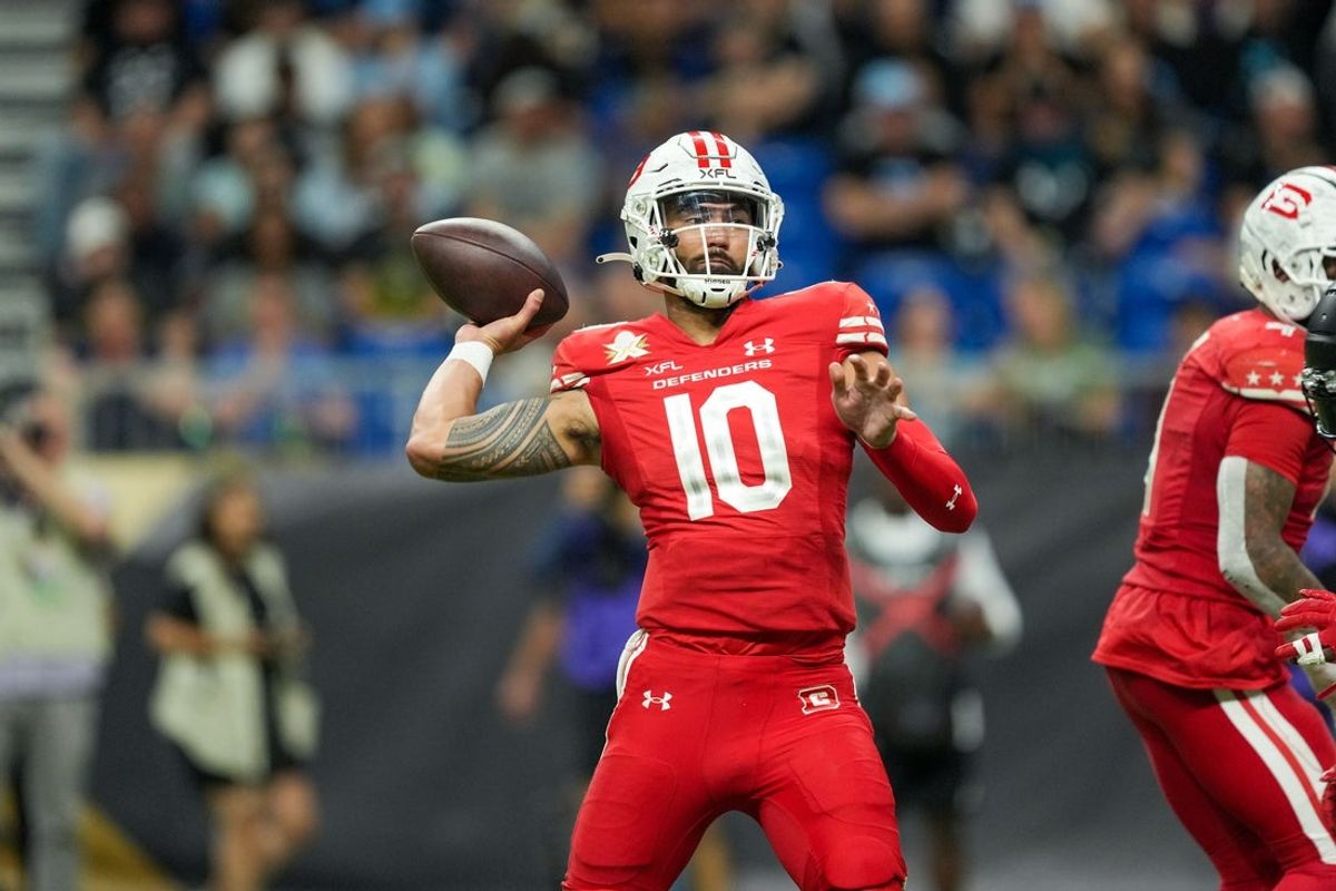 May 13, 2023; San Antonio, TX, USA;  DC Defenders quarterback Jordan Ta amu (10) throws a pass in the second half against the DC Defenders at the Alamodome. Mandatory Credit: Daniel Dunn-Imagn Images