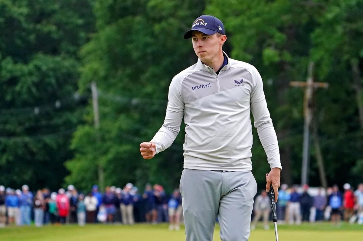 Jun 19, 2022; Brookline, Massachusetts, USA; Matthew Fitzpatrick reacts to his putt on the 15th green during the final round of the U.S. Open golf tournament.