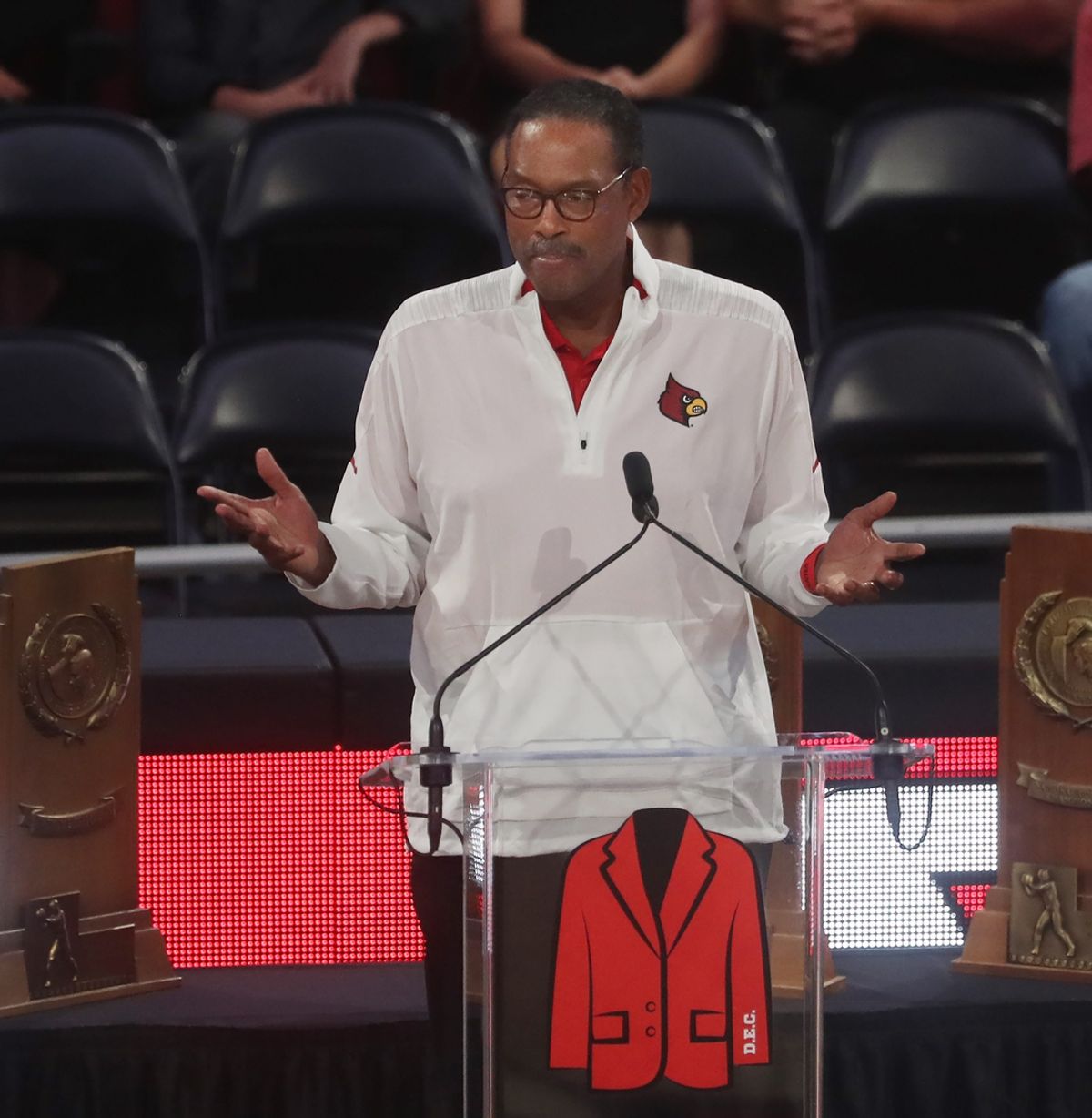 Junior Bridgeman spoke at the Denny Crum Celebration of Life Monday night at KFC Yum Center.May 15, 2023