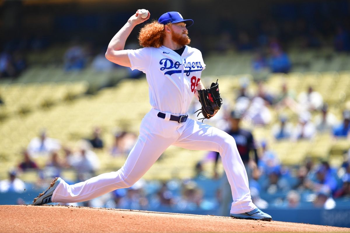 May 17, 2023; Los Angeles, California, USA; Los Angeles Dodgers starting pitcher Dustin May (85) throws against the Minnesota Twins during the first inning at Dodger Stadium. Mandatory Credit: Gary A. Vasquez-Imagn Images