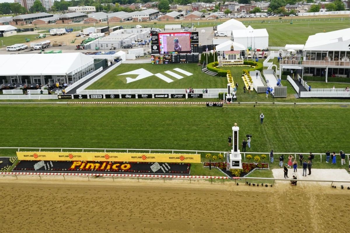 May 20, 2023; Baltimore, Maryland, USA; General view of the winners circle at Pimlico Race Course. Mandatory Credit: Gregory Fisher-Imagn Images
