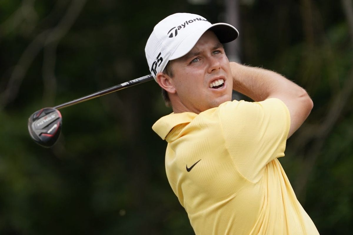 May 25, 2023; Fort Worth, Texas, USA; Pierceson Coody plays his shot from the sixth tee during the first round of the Charles Schwab Challenge golf tournament. Mandatory Credit: Raymond Carlin III-USA TODAY Sports