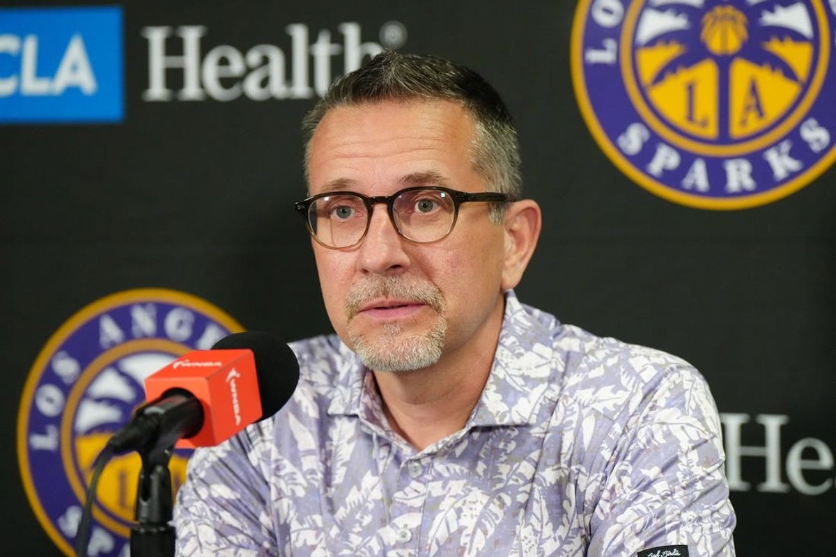 May 25, 2023; Los Angeles, California, USA; LA Sparks coach Curt Miller at press conference at Crypto.com Arena. Mandatory Credit: Kirby Lee-USA TODAY Sports