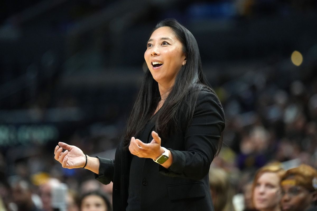 May 25, 2023; Los Angeles, California, USA; Las Vegas Aces first assistant coach Natalie Nakase reacts during the first half Las Vegas Aces at Crypto.com Arena. Mandatory Credit: Kirby Lee-Imagn Images