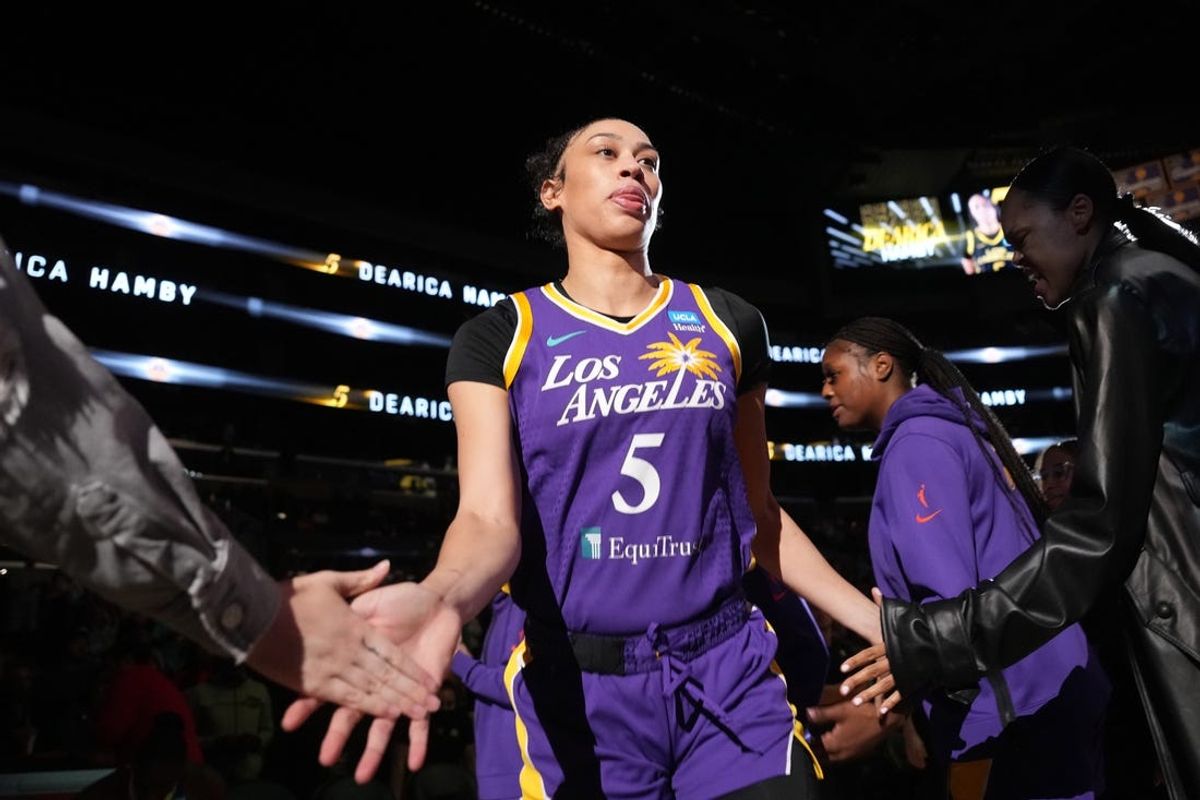 May 25, 2023; Los Angeles, California, USA; LA Sparks forward Dearica Hamby (5) is introduced during the game against the Las Vegas Aces at Crypto.com Arena. Mandatory Credit: Kirby Lee-USA TODAY Sports