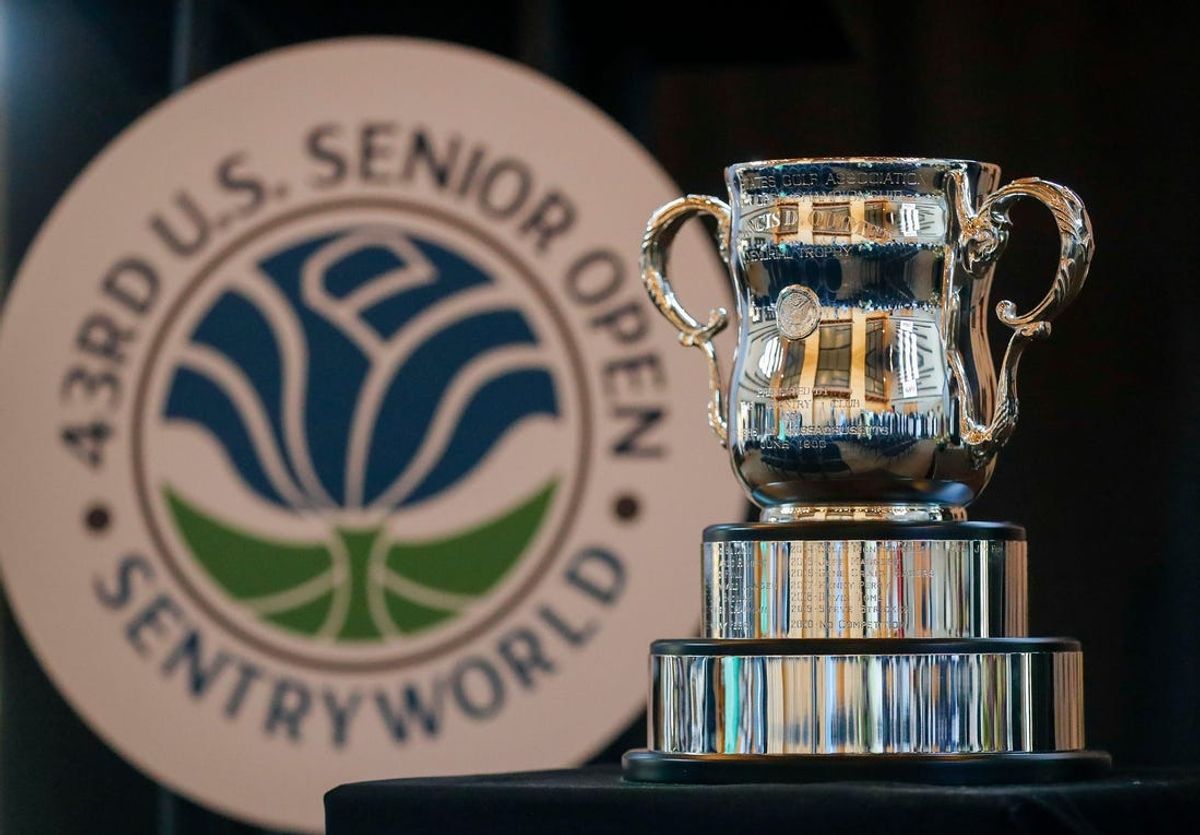 The Francis D. Ouimet Memorial Trophy is seen on display during the 2023 U.S. Senior Open media day on Monday, May 15, 2023, at SentryWorld in Stevens Point. SentryWorld will host the tournament from June 29 to July 2.