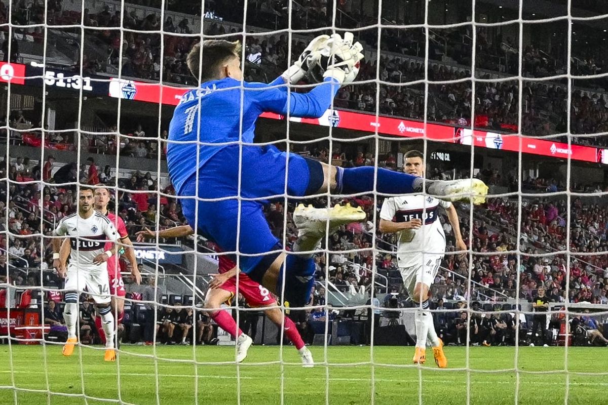 May 27, 2023; St. Louis, Missouri, USA; Vancouver Whitecaps goalkeeper Thomas Hasal (1) makes a save during the second half at CITYPARK. Mandatory Credit: Scott Rovak-USA TODAY Sports