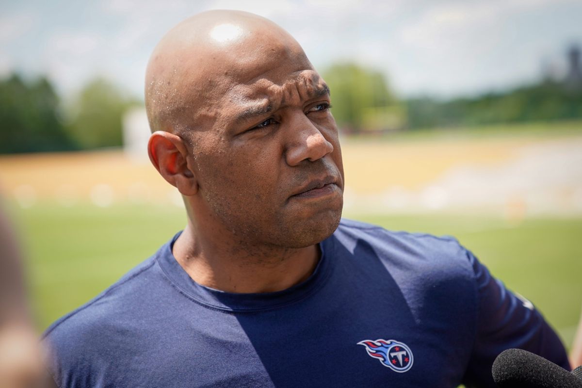 Tennessee Titans pass game coordinator/quarterbacks Charles London speaks before an OTA practice at Ascension Saint Thomas Sports Park in Nashville, Tenn., Wednesday, May 31, 2023.