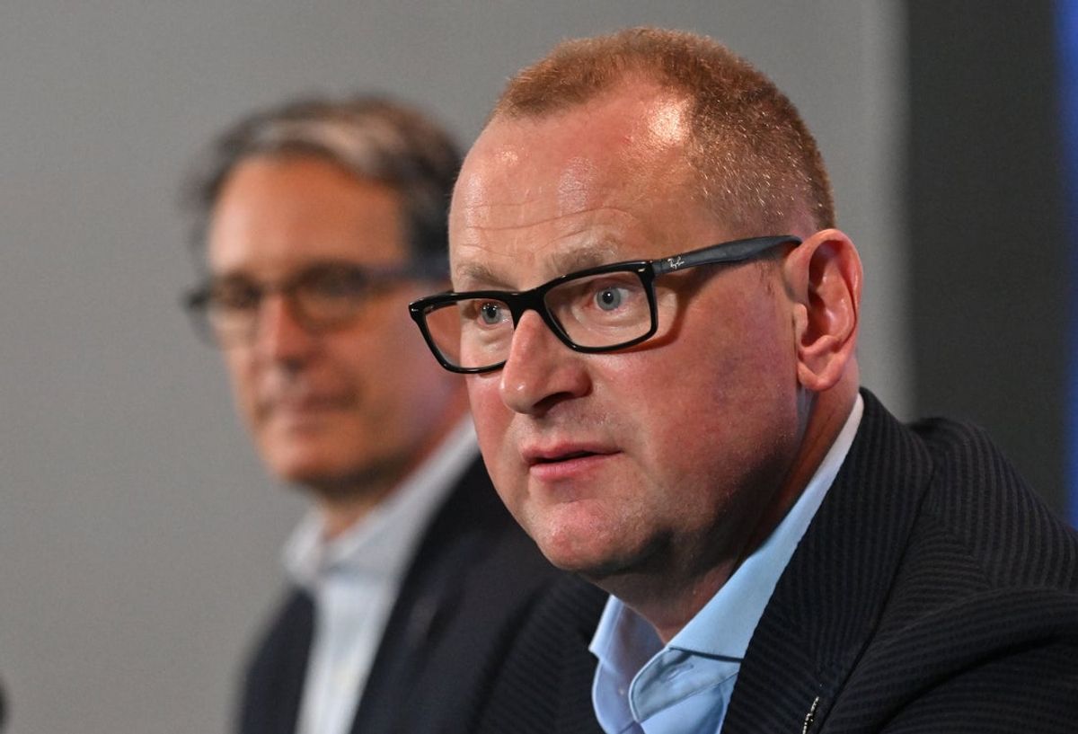 Jun 1, 2023; Toronto, Ontario, CANADA; Toronto Maple Leafs new general manager Brad Treliving is introduced as club president Brendan Shanahan looks on at a press conference at Scotiabank Arena. Mandatory Credit: Dan Hamilton-Imagn Images