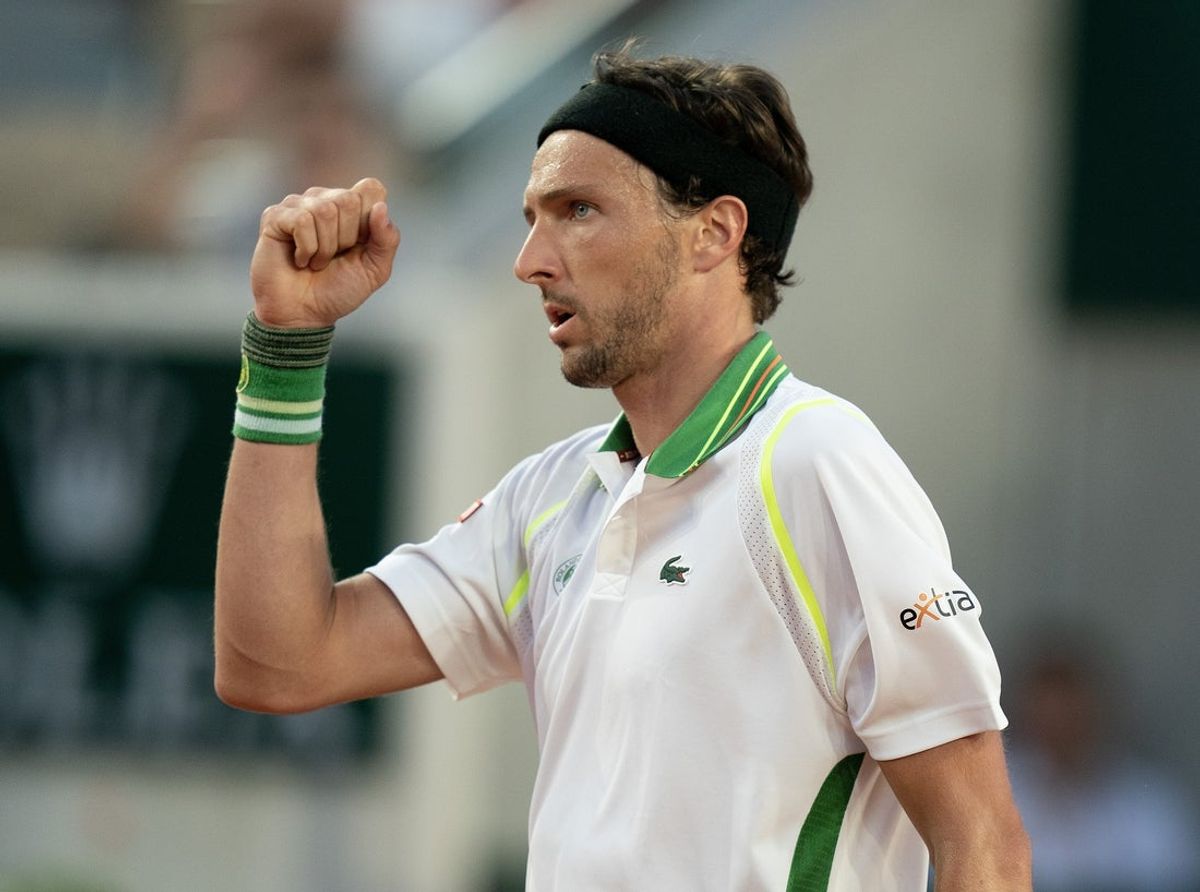 Jun 1, 2023; Paris,France; Arthur Rinderknech (FRA) reacts to a point during his match against Taylor Fritz (USA) on day five at Stade Roland-Garros. Mandatory Credit: Susan Mullane-Imagn Images
