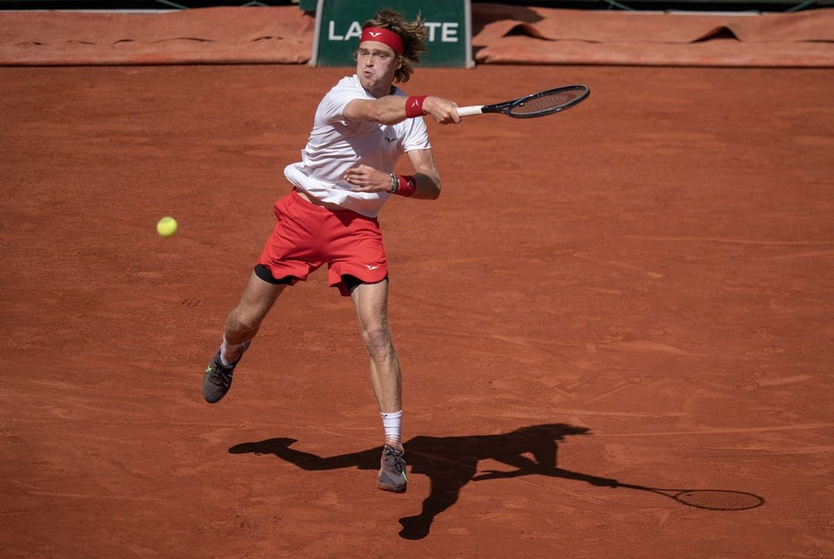 Jun 2, 2023; Paris,France; Andrey Rublev returns a shot during his match against Lorenzo Sonego (ITA) on day six at Stade Roland-Garros. Mandatory Credit: Susan Mullane-USA TODAY Sports