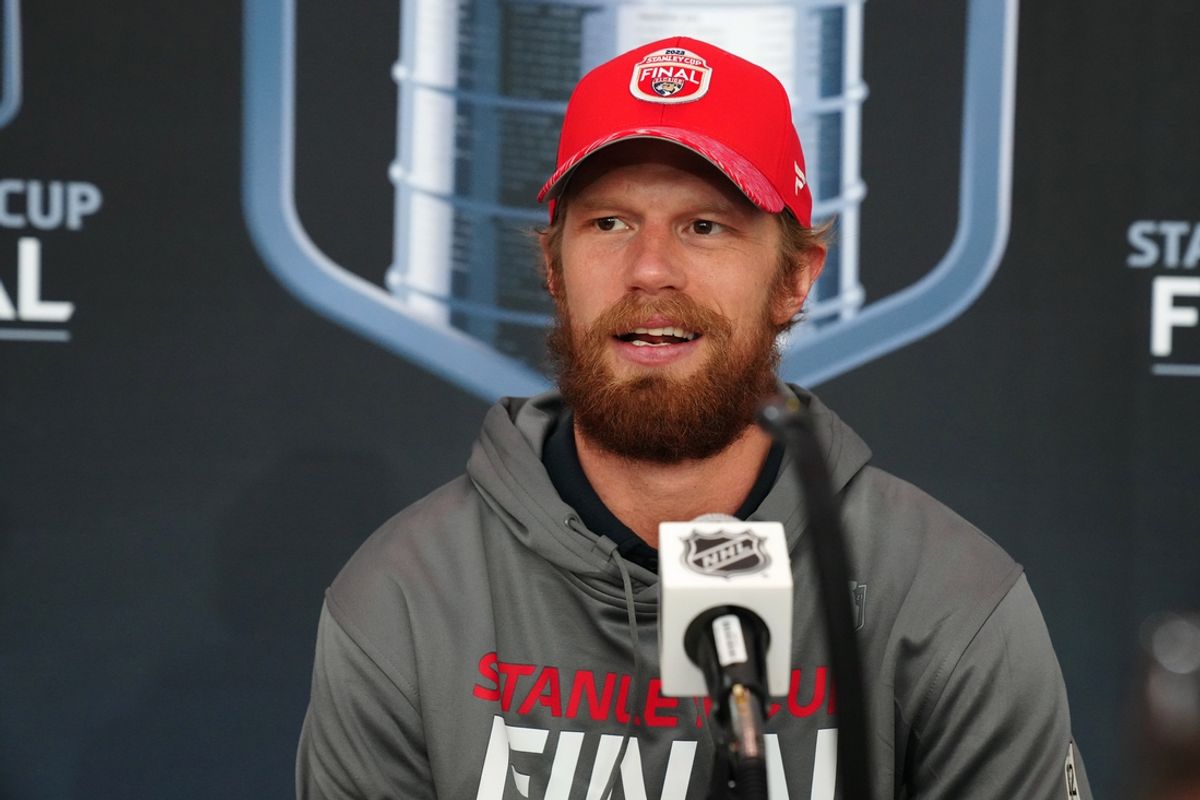 Jun 2, 2023; Las Vegas, Nevada, USA; Florida Panthers center Eric Staal (12) takes questions during media day in advance of the 2023 Stanley Cup Final. Mandatory Credit: Stephen R. Sylvanie-USA TODAY Sports