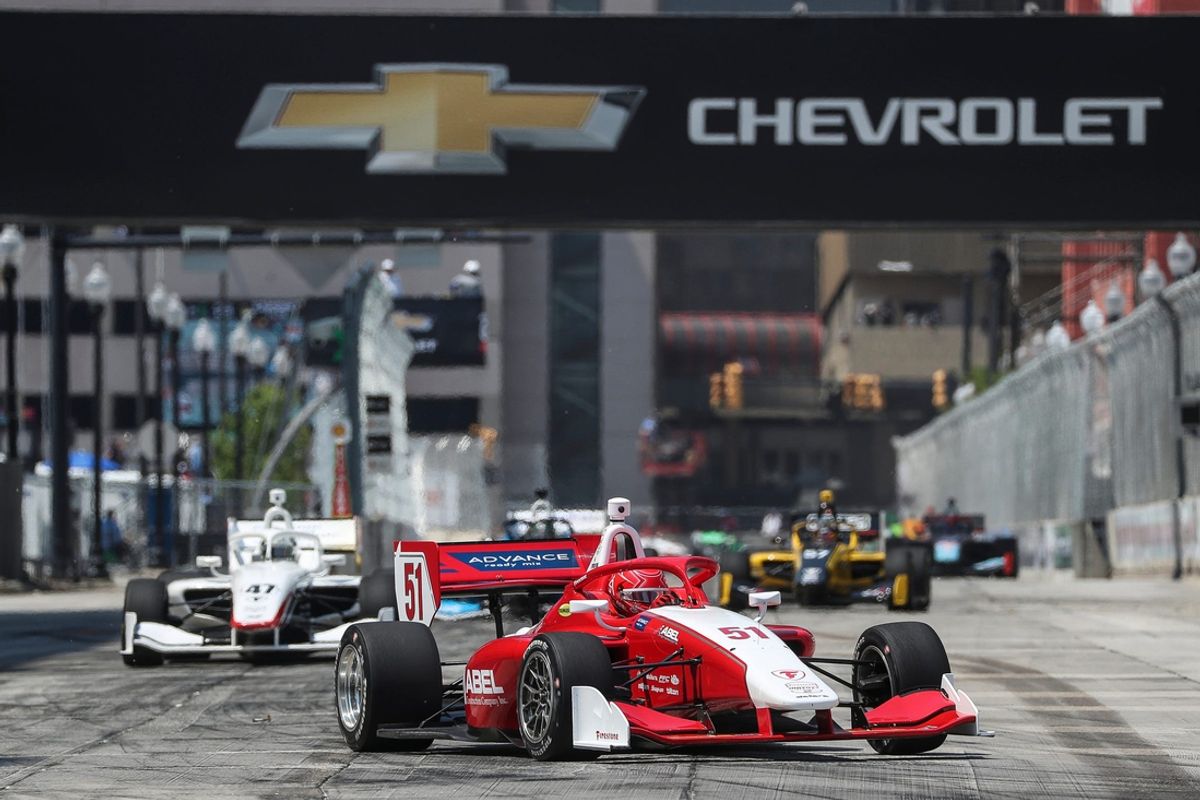 IndyCar NXT drivers include Jacob Abel (51) make their way by turn 1 during Race 1 of Detroit Grand Prix in Detroit on Saturday, June 3, 2023.