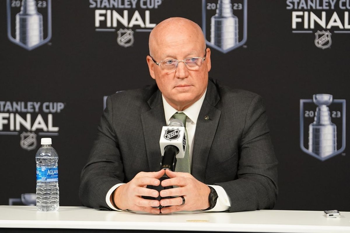 Jun 3, 2023; Las Vegas, Nevada, USA; NHL deputy commissioner Bill Daly speaks at a press conference before game one of the 2023 Stanley Cup Final between the Florida Panthers and Vegas Golden Knights at T-Mobile Arena. Mandatory Credit: Lucas Peltier-Imagn Images