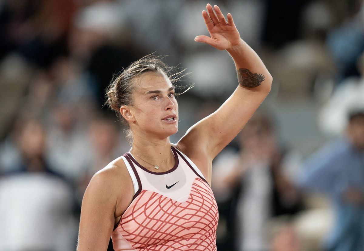 Jun 4, 2023; Paris,France; Aryna Sabalenka celebrates winning her match against Sloane Stephens (USA) on day eight at Stade Roland-Garros. Mandatory Credit: Susan Mullane-Imagn Images