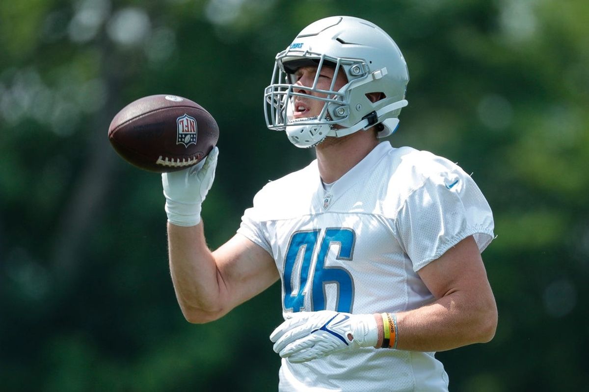 Lions linebacker Jack Campbell practices during minicamp at Allen Park.