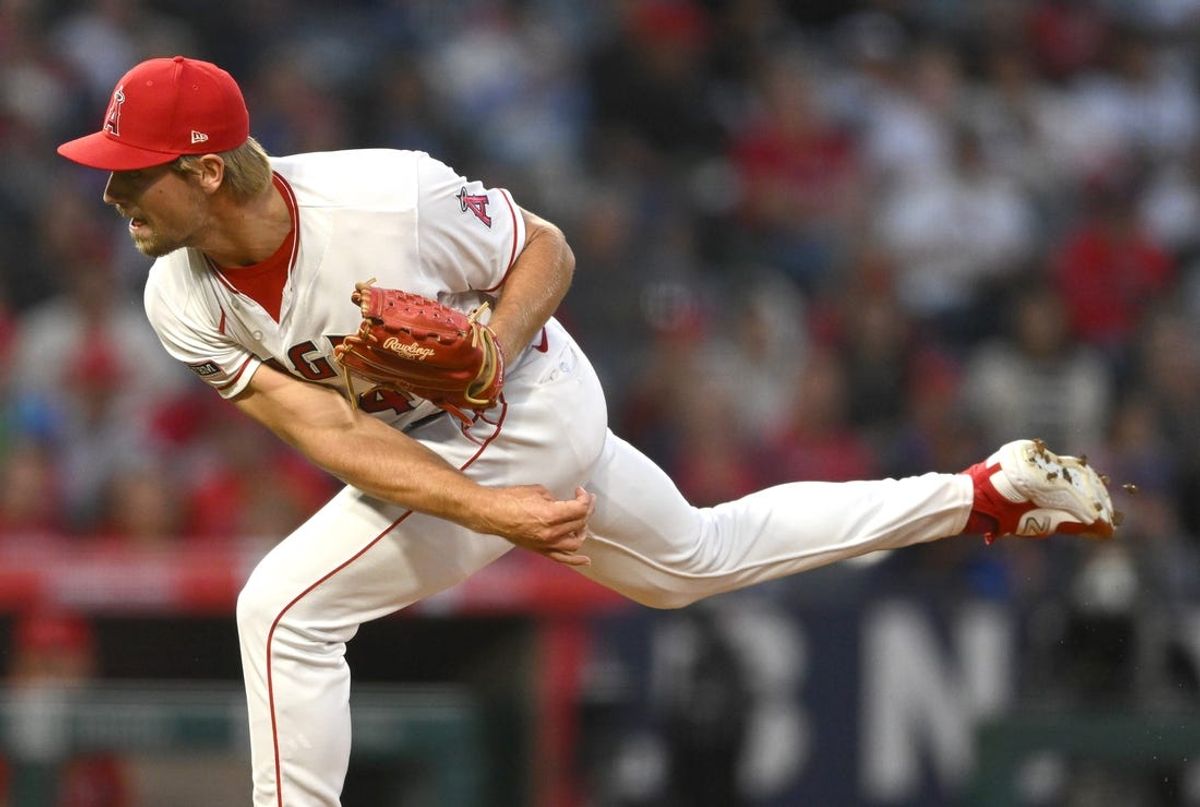 Jun 7, 2023; Anaheim, California, USA; Los Angeles Angels relief pitcher Ben Joyce (44) delivers a pitch against the Chicago Cubs in the sixth inning at Angel Stadium. Mandatory Credit: Jayne Kamin-Oncea-USA TODAY Sports
