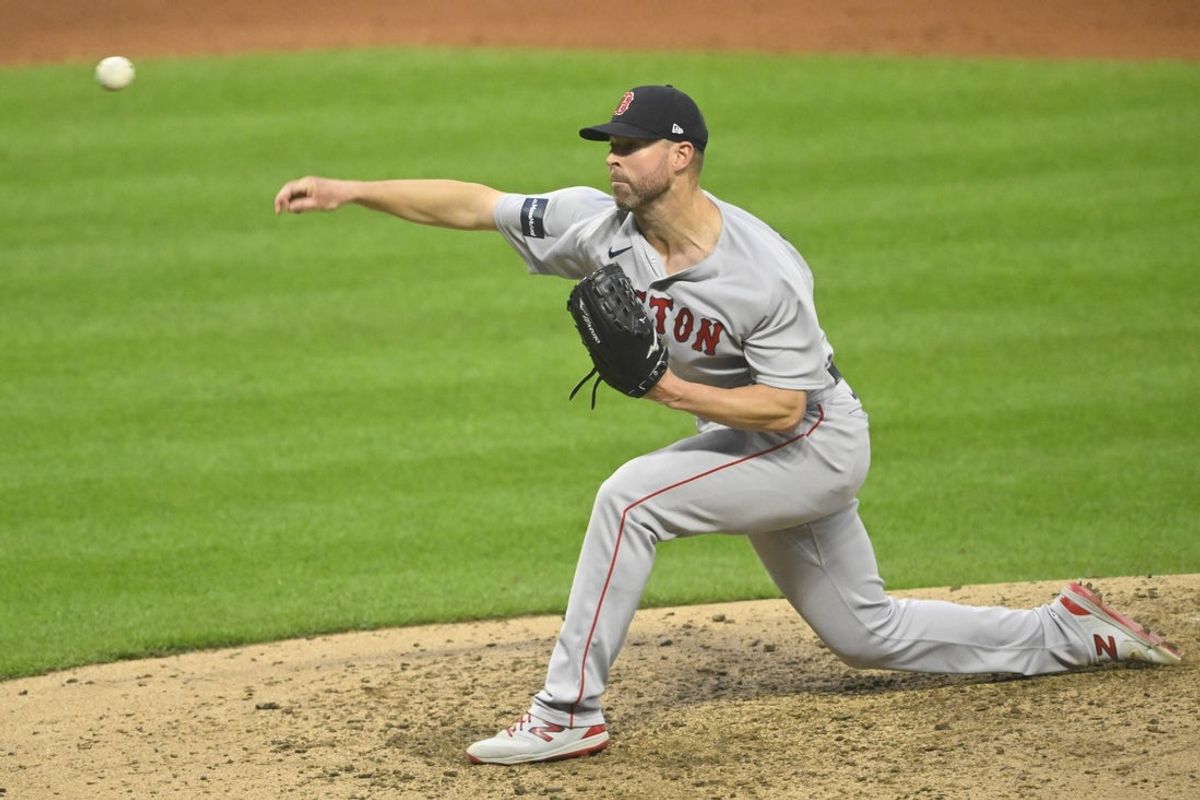 Jun 8, 2023; Cleveland, Ohio, USA; Boston Red Sox starting pitcher Corey Kluber (28) delivers a pitch in the the sixth inning against the Cleveland Guardians at Progressive Field. Mandatory Credit: David Richard-Imagn Images