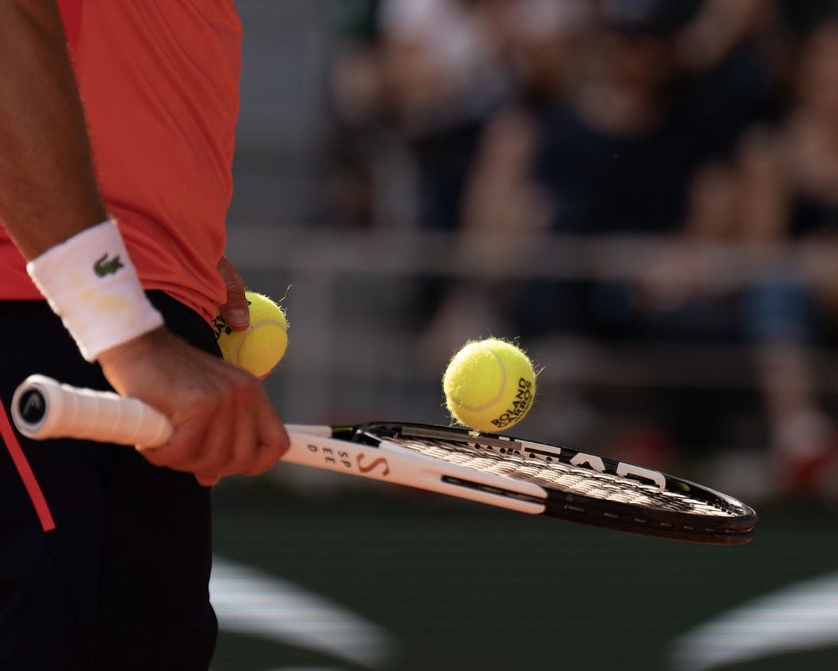 Jun 9 2023; Paris,France; Novak Djokovic (SRB) catches a ball on his racket during his semifinal match against Carlos Alcaraz (ESP) on day 13 at Stade Roland-Garros. Mandatory Credit: Susan Mullane-USA TODAY Sports