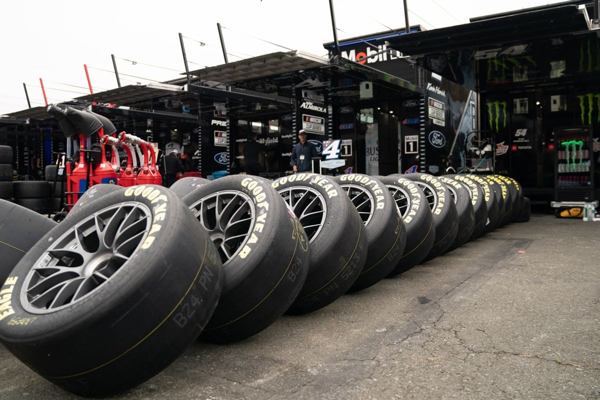 Jun 10, 2023; Sonoma, California, USA;  General view of some tires before the start of the NASCAR Xfinity Series DoorDash 250 at Sonoma Raceway. Mandatory Credit: Stan Szeto-Imagn Images